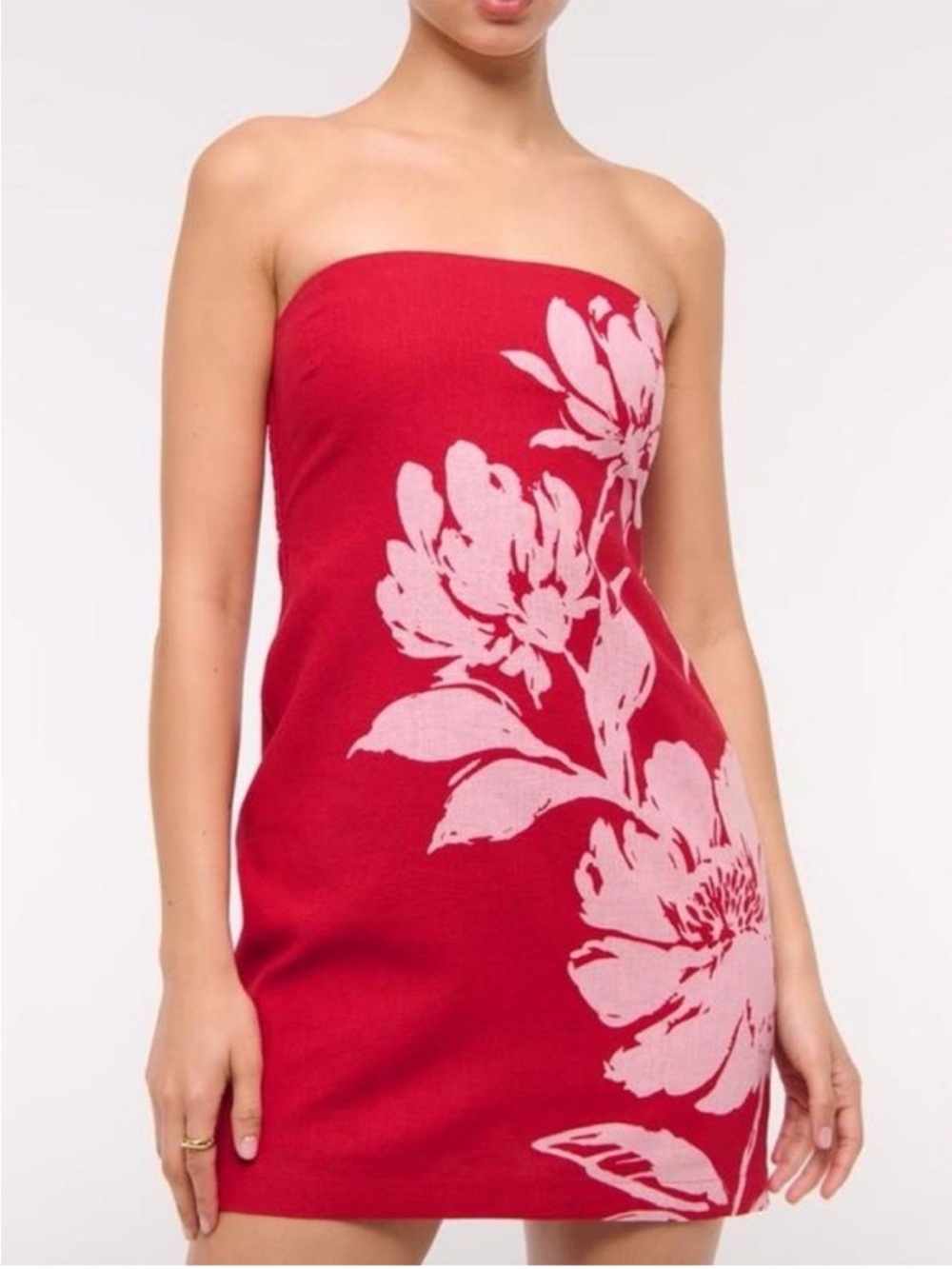 Strapless Red Floral Knit Mini Dress